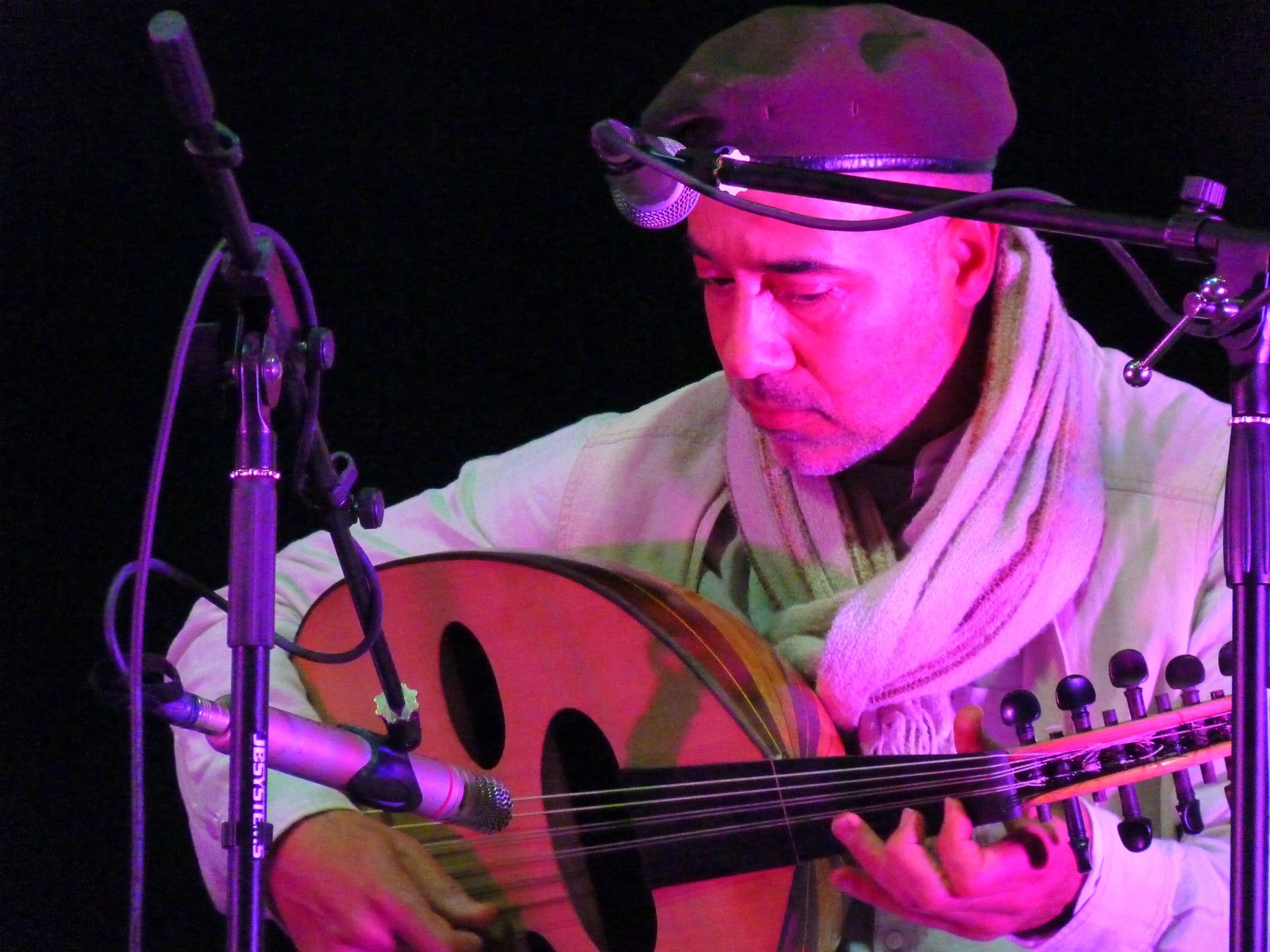 Mel M’Rabet performing oud under concert lighting